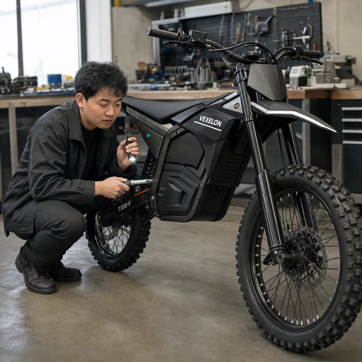 VEXELON electric dirt bike prepared for off-road riding